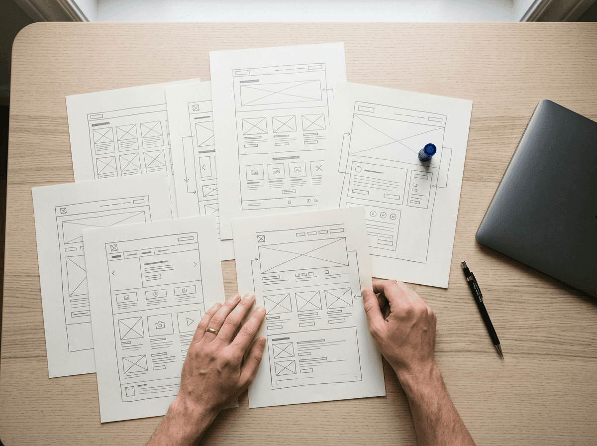 Wireframe disegnati a mano su carta accanto a un portatile
