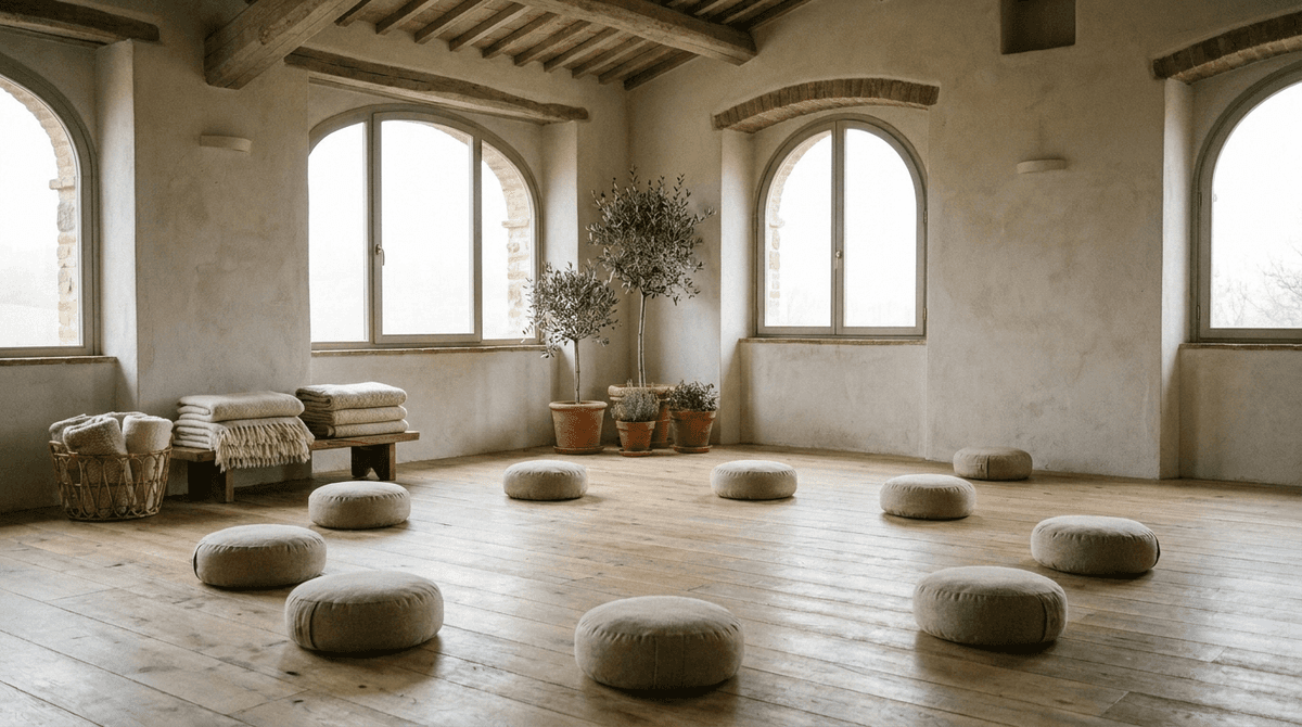 Sala di mindfulness con cuscini disposti in cerchio e luce naturale
