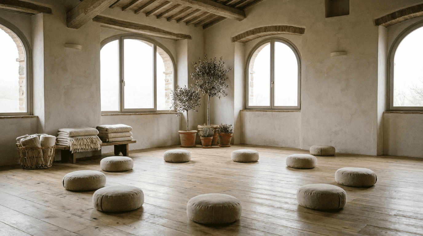 Sala di mindfulness con cuscini disposti in cerchio, piante e luce naturale dalle finestre