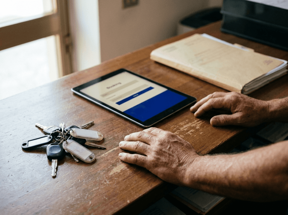 Banco dell’autonoleggio con chiavi, contratto e un tablet aperto sulle prenotazioni