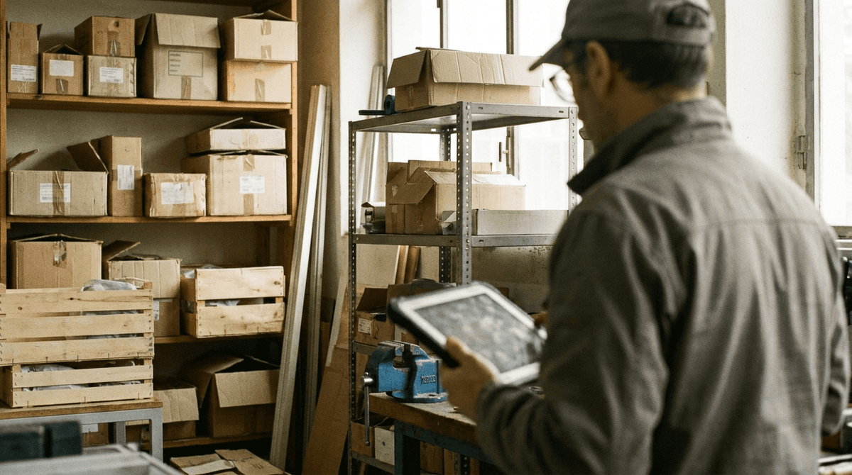 Un magazziniere controlla le giacenze da un tablet davanti alle scaffalature di un’officina italiana