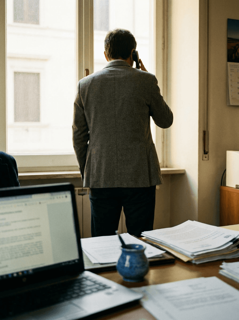 Un commerciale al telefono davanti alla finestra, con un preventivo stampato e un portatile sulla scrivania