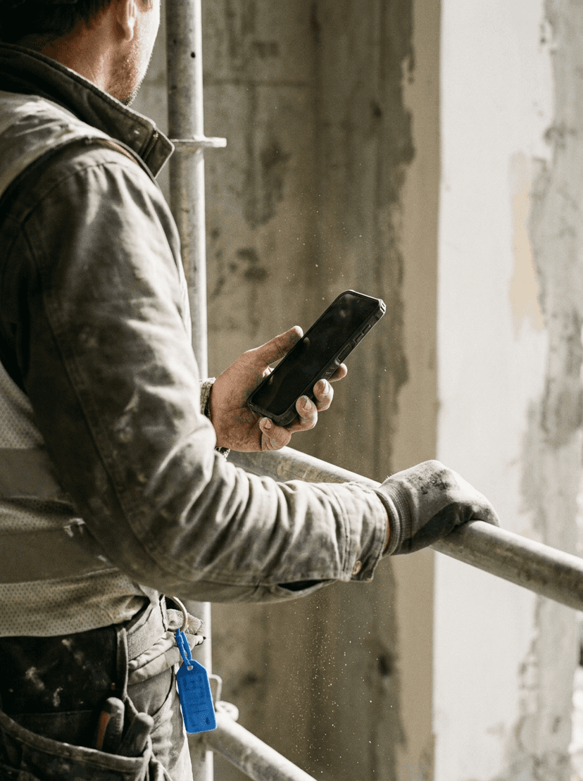 Un tecnico in cantiere tiene in mano uno smartphone appoggiandosi al ponteggio